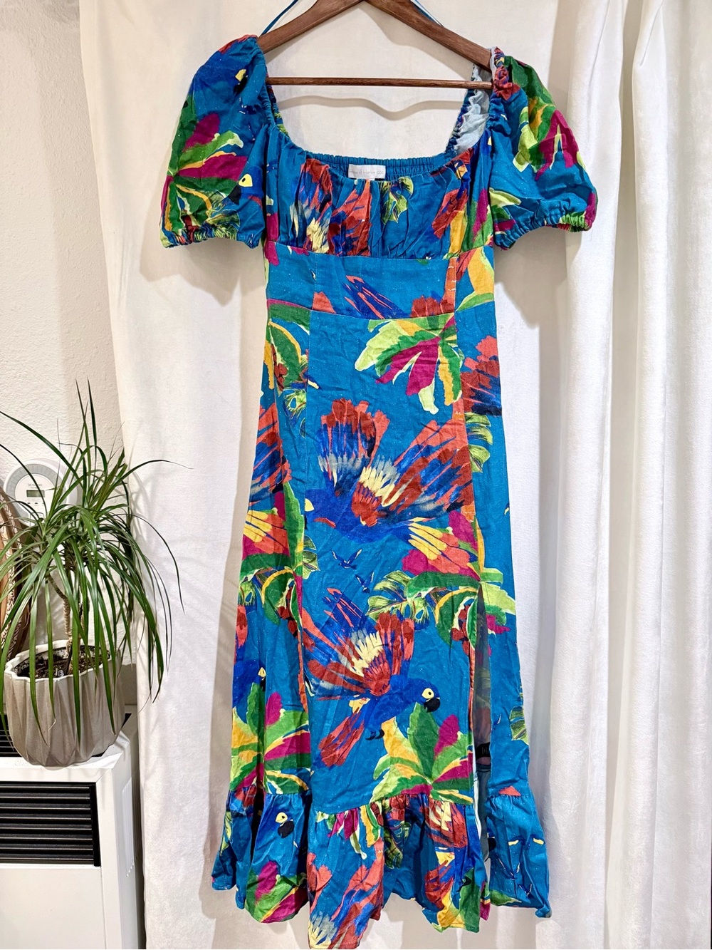 Linen Tropical Puff-Sleeve Side Slit Midi Dress House of Harlow
